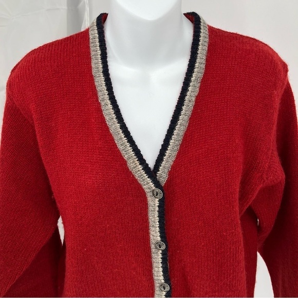 Vintage Code Bleu Womens 100% Shetland Wool Cardigan Red Grandpa Classic Trim - Picture 2 of 7